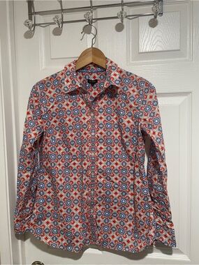 Bright Geo-Print Women Button-Up Shirt - Orange Tan Blue